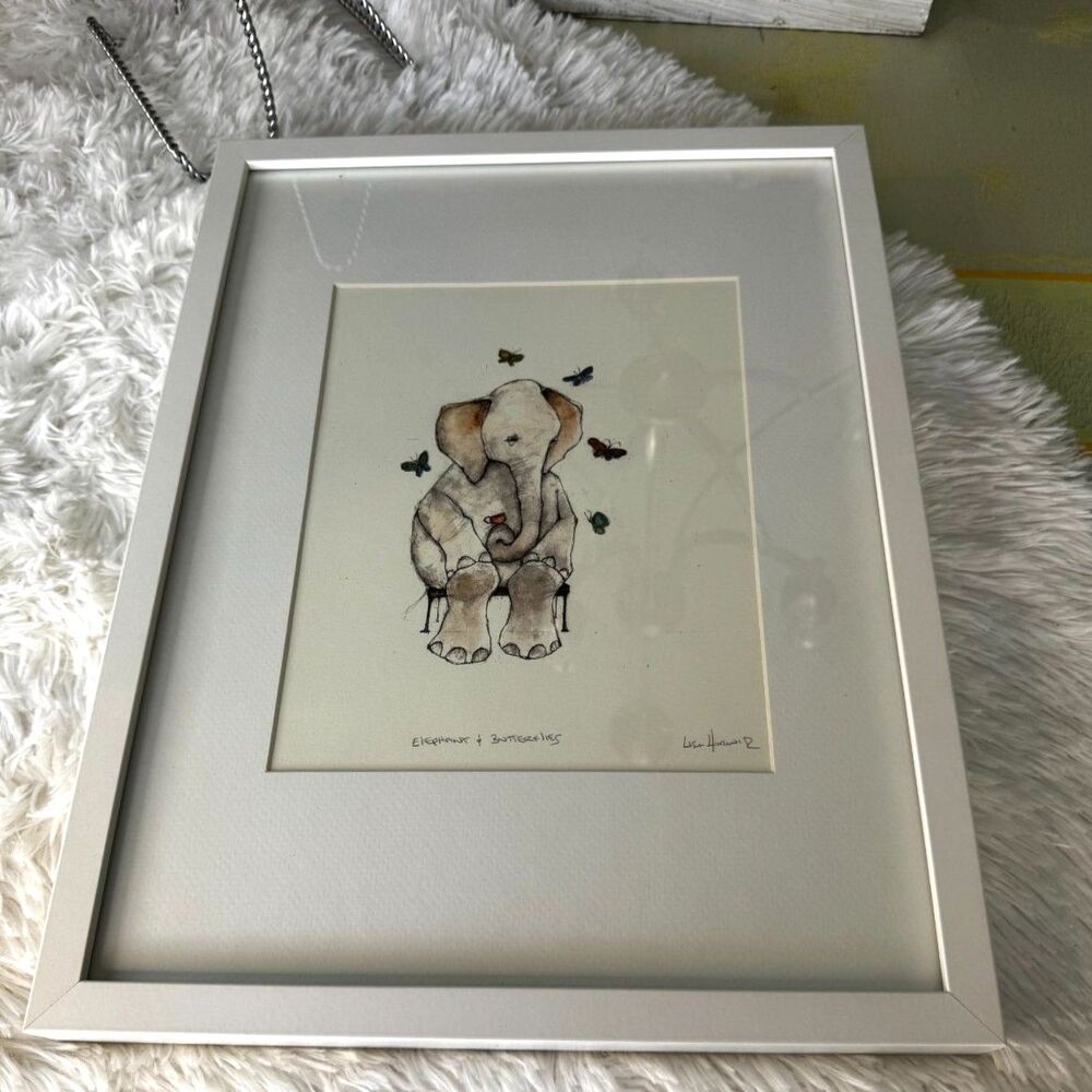 Beautiful Original Lisa Hurwitz drawing; Elephant and Butterflies framed - Picture 8 of 9